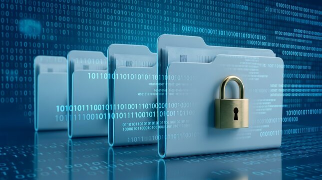 Glowing blue digital file folders with gold padlock and binary code representing cybersecurity encrypted data and secure network storage.