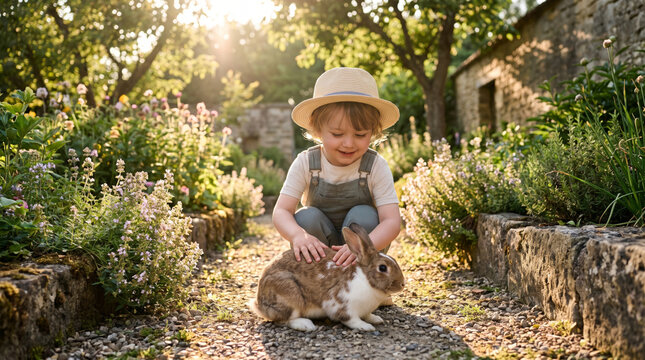 Young child in straw hat petting a rabbit in a sunlit garden