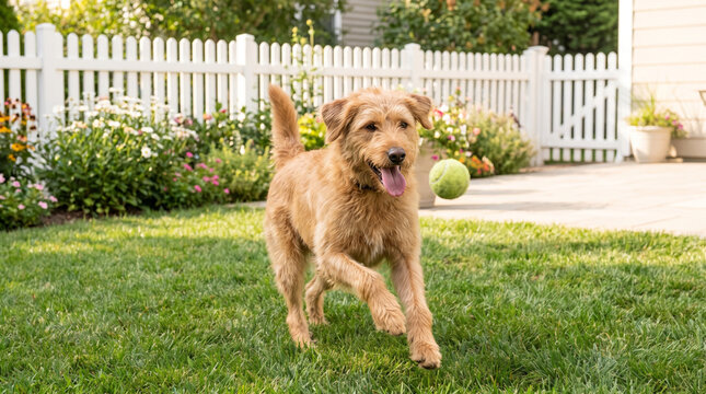 Happy dog running on green grass in a backyard with a tennis ball