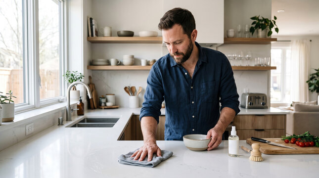 Man cleaning kitchen counter with a cloth and spray bottle