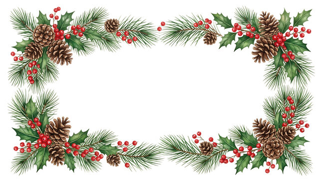 Rectangular christmas frame made of watercolor pine branches, pine cones, and red holly berries, isolated on a white background, for holiday isolated on a transparent background