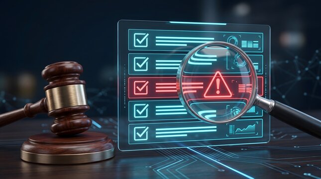 Digital compliance and legal audit concept with a wooden judge gavel and magnifying glass focusing on a red warning alert within a glowing virtual checklist interface.
