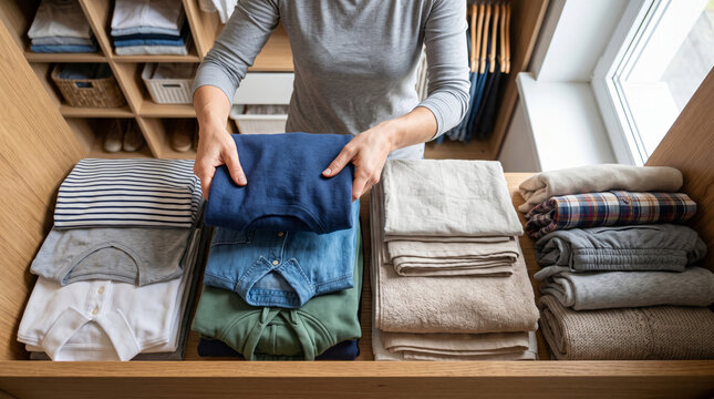 Person folding clothes neatly in a modern wooden closet with organized shelves