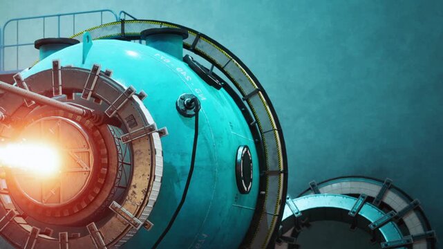 An underwater vehicle sits at a marine research facility. It is connected to a launch system that appears ready for deployment. The scene shows a blue structure reflecting light.