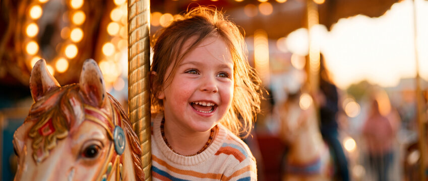 Happy little girl riding carousel horse at amusement park. Joyful child enjoying merry go round with bright lights at sunset. Childhood happiness and family carnival entertainment concept