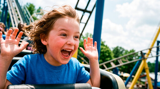 Excited child riding roller coaster with hands up at amusement park. Joyful kid enjoying thrill ride on sunny summer day. Childhood happiness, entertainment and family vacation concept