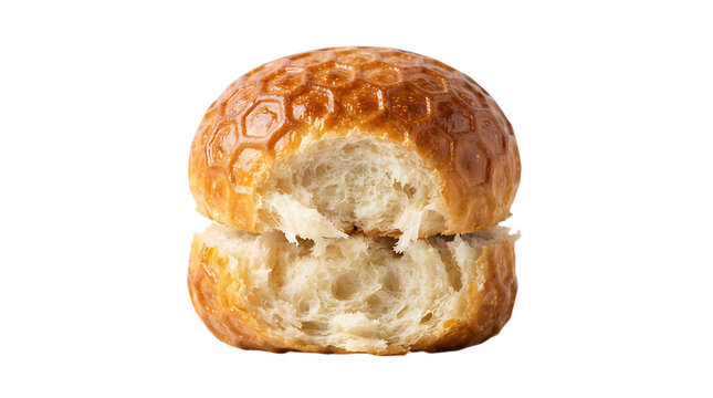 A single golden brown bread roll with a honeycomb pattern on sliced in half to show the soft white interior, isolated on a white background, bakery isolated on a transparent background