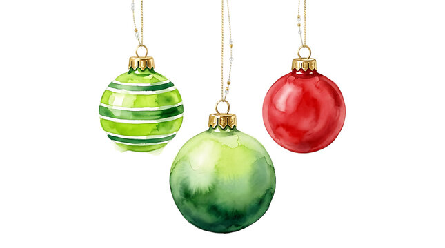 Three christmas ornaments hanging by strings, one red, one light green, and one green with white stripes, watercolor isolated on a white background isolated on a transparent background