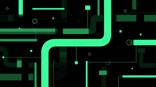 Flat design futuristic computer circuit graphic with bright green geometric tech paths on black background for minimalist digital themes