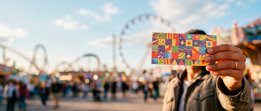 Man holding colorful amusement park ticket covering face with ferris wheel and roller coaster on background. Summer carnival funfair entertainment and family leisure vacation concept