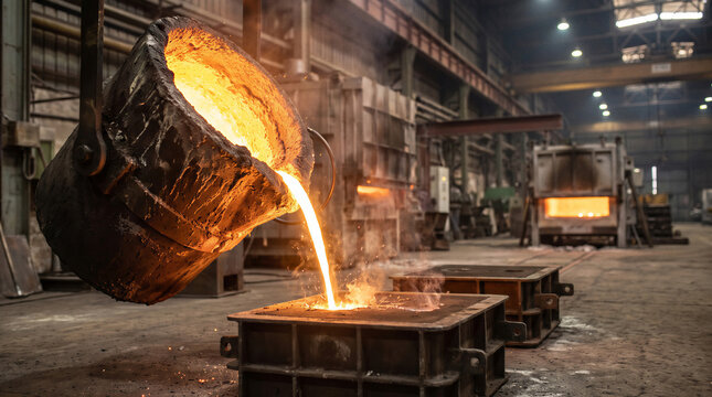 Glowing molten metal pouring from a large industrial crucible into a casting mold inside a heavy manufacturing foundry, with copy space.