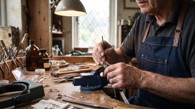Artisan jeweler shaping a small metal jewelry piece in a bench vise surrounded by precision hand tools inside a traditional workshop.