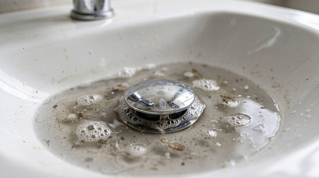 Close up of clogged bathroom sink filled with dirty standing water, soap bubbles and debris around drain stopper showing household plumbing blockage.