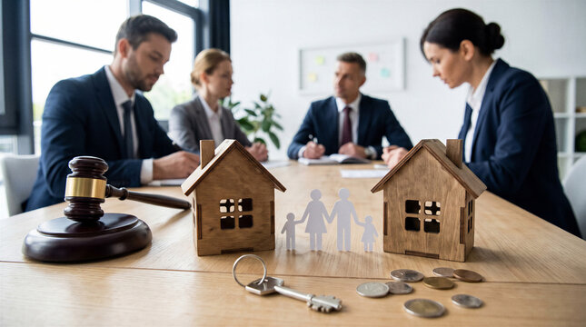 Family law and divorce property division concept with judge gavel, two house models, family figures, key and coins during legal consultation.
