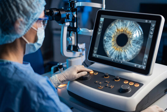 Ophthalmology specialist operating digital eye imaging equipment with enlarged iris scan on monitor during detailed vision diagnostic examination.
