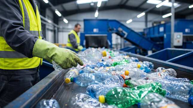 Recycling facility worker manually sorting used plastic bottles on conveyor belt inside industrial waste processing plant for sustainable material recovery.