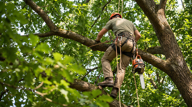 Professional arborist climbing a mature tree with safety harness, ropes and chainsaw for branch pruning and tree maintenance in a leafy canopy.