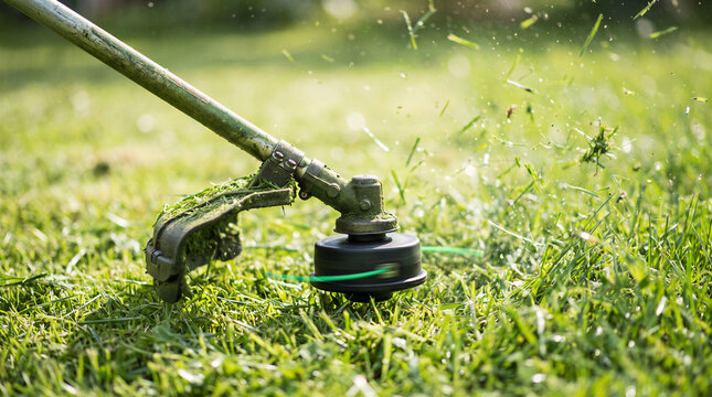 Close up of powered string grass trimmer cutting overgrown green lawn with flying clippings during outdoor garden and yard maintenance in sunlight.