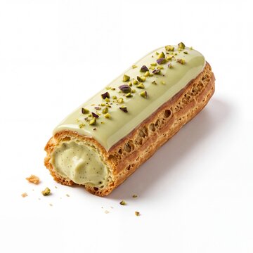 Pistachio Cream Eclair with Green Frosting and Nuts on White Background Patisserie Food Photography