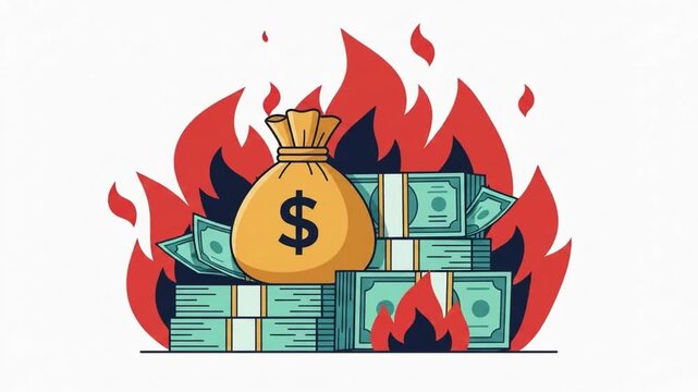 Vivid 2D editorial vector illustration depicting significant financial loss, economic crisis, and severe money problems with currency burning, symbolizing debt, budget deficit, and economic downturn
