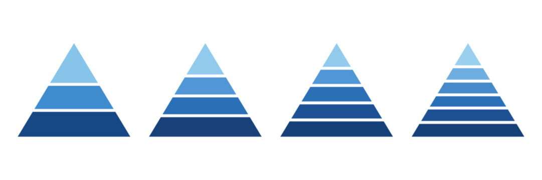 Blue pyramid hierarchy infographic set with 3 to 6 tier levels for business strategy, ranking, progression, growth, process, education and presentation design.