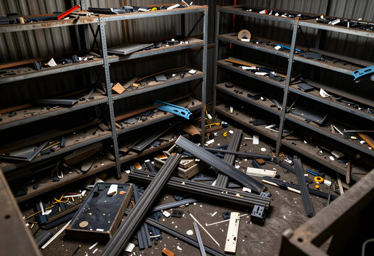 Industrial decline and economic crisis, abandoned factory interior with broken shelves and scattered debris, manufacturing industry downturn
