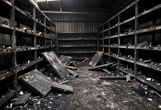 Economic crisis and business failure, abandoned warehouse with empty shelves and debris, industrial decline and financial collapse