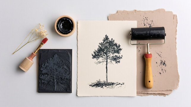 Ai generated linocut printmaking set featuring tree illustration on textured paper, printmaking