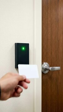 Hand scans access card as security reader turns green