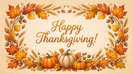Fototapeta premium Beautiful festive thanksgiving background featuring pumpkins autumn leaves and elegant calligraphy for warm holiday celebrations