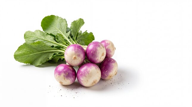 Fresh Purple Baby Turnip Bunch with Green Tops on White Background Vegetable Food Photography