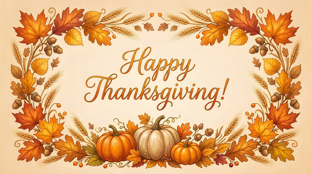 Beautiful festive thanksgiving background featuring pumpkins autumn leaves and elegant calligraphy for warm holiday celebrations