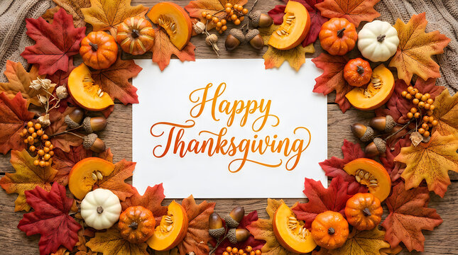 Beautiful festive autumn flat lay featuring ripe peaches colorful leaves and a handwritten happy thanksgiving greeting card