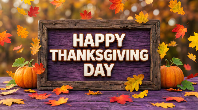 Festive thanksgiving day greeting with pumpkins and colorful autumn leaves in a rustic setting