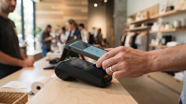 Customer Making Contactless Mobile Payment with Smartphone at Store Checkout Counter