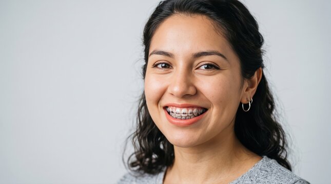 A confident young woman with dental braces smiles genuinely at the camera. Her healthy, improving smile represents modern orthodontic care and self-esteem.
