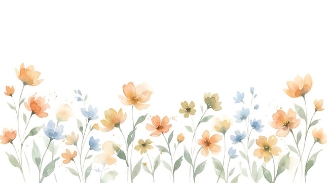 A horizontal border of hand-painted watercolor flowers in soft peach and blue tones with green stems and leaves on a white background isolated on a transparent background