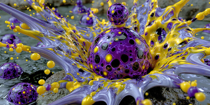 The Sphere That Splashes In Vivid Collision As Purple Orbs Burst Through Yellow Waves Of Fluid Motion, ai generated.