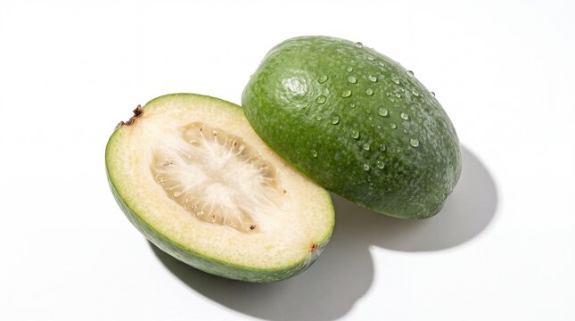 Fresh Feijoa Pineapple Guava Cut in Half on White Background Exotic Fruit Food Photography