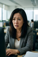 Obraz premium Workplace stress and anxiety, overwhelmed asian businesswoman crying at her computer in a modern office