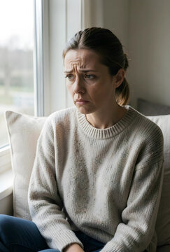 Mental health struggles and emotional distress, woman looking worried and sad by a window at home, feeling anxious and depressed