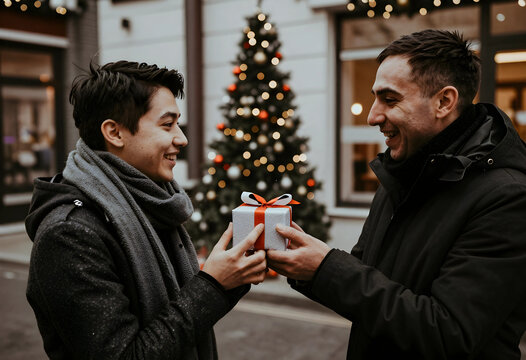 Christmas gift exchange and holiday season joy, two happy men giving present outdoors with decorated tree