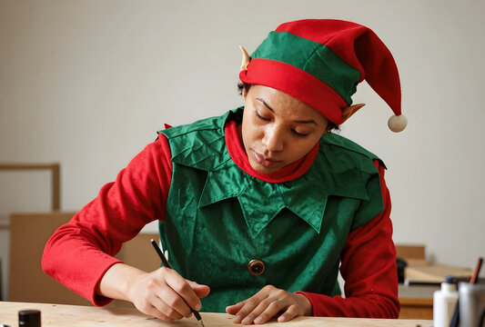 Christmas elf working on holiday preparations, festive season and gift making, diverse person in santas workshop