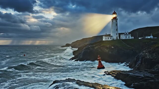 Lighthouse on rocky coast with dramatic storm clouds and ocean waves