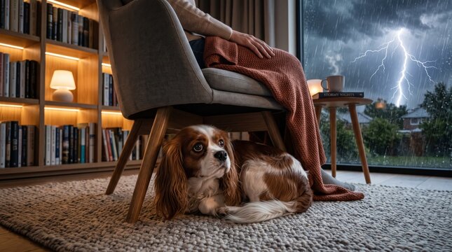 A scared Cavalier King Charles Spaniel dog hides under a chair during a dramatic lightning storm outside. This cozy indoor scene emphasizes comfort, home safety, and animal welfare.