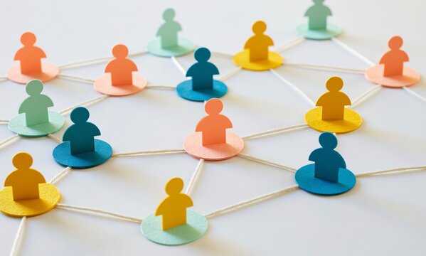 Colorful paper people connect together with string in a human network plan
