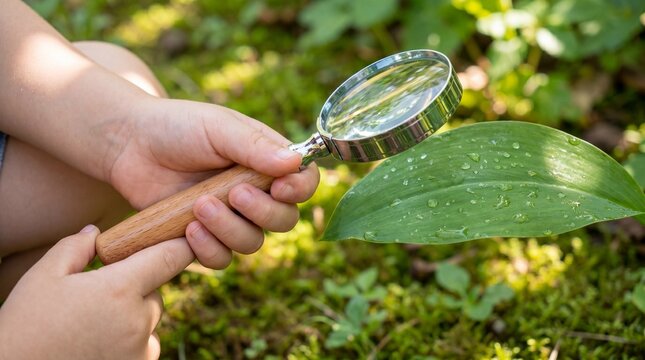 Child's hands carefully inspect a vibrant green leaf with a magnifying glass, revealing water droplets. This promotes environmental education, curiosity, and a sustainable connection with nature.