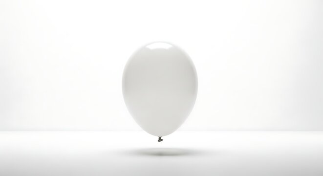 Elegant single white balloon floating gracefully against a clean, minimalist studio background, symbolizing purity and celebration