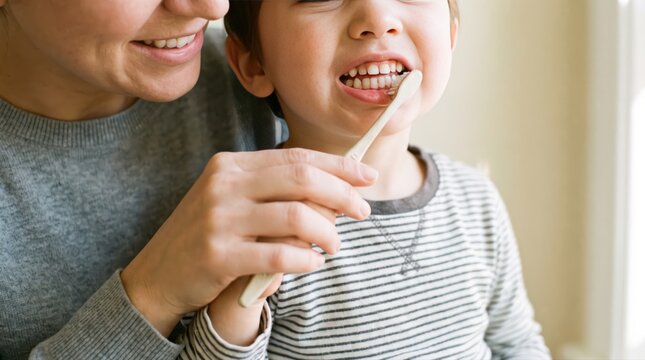 A mother gently assists her young son brushing teeth, teaching essential daily dental hygiene. This promotes early childhood education for healthy lifestyle habits and oral wellness.