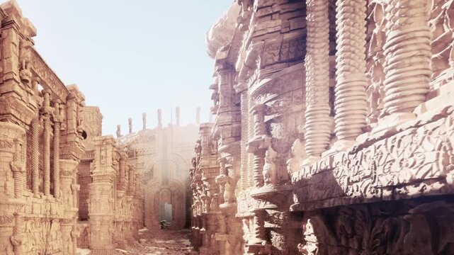 Visitors walk along a narrow path surrounded by tall stone walls featuring detailed carvings. The sun shines brightly above in this historical location.